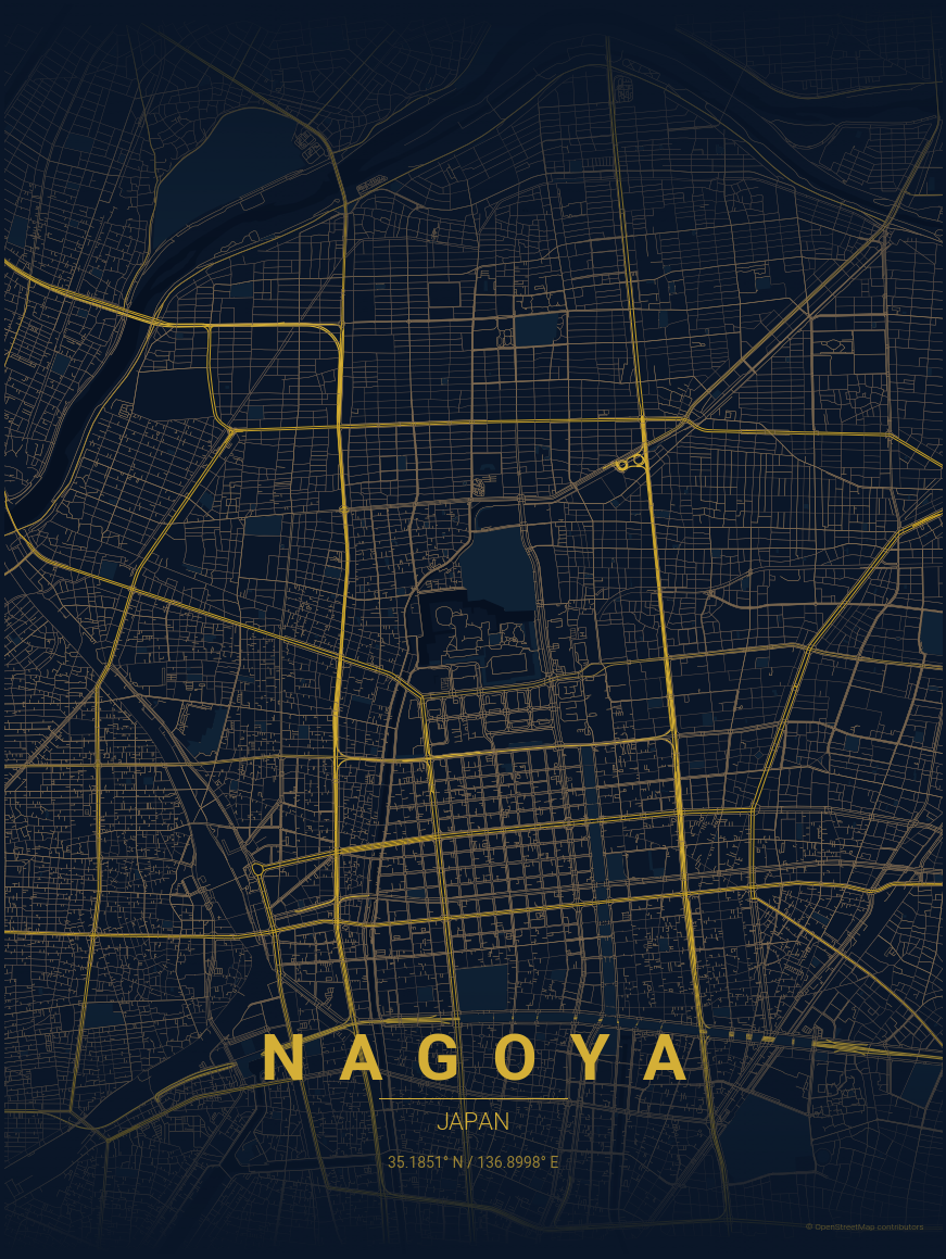 Nagoya Midnight Blue Map Poster